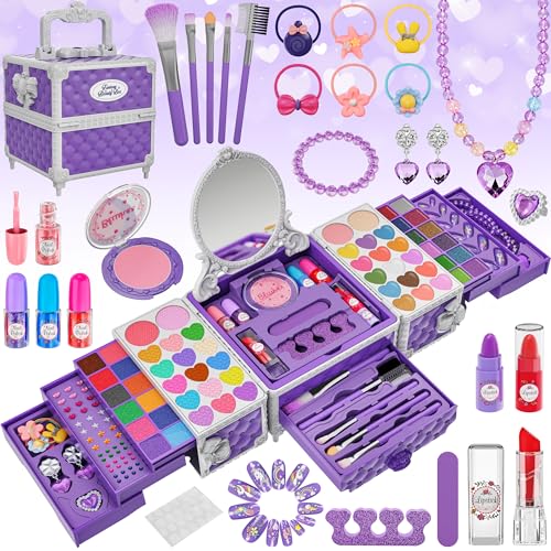 Kuovei - 99 Pcs Kids Makeup Kit for Girls, Princess Toys Real Washable Cosmetics Set with Mirror, Hair Ties, Nails, Rings, Earrings, Necklace, Perfect for 3 4 5 6 7 8 Year Old Girls Birthday - -14%