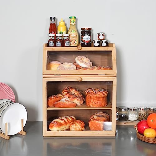 X-Cosrack Large Double Separable Bamboo Bread Box Storage With Clear Window And Adjustable Compartment For Kitchen Countertop,Natural #TOP6
