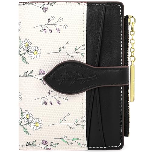 Image of Farcauo Cute Black Minimalist Flower Wallet for Women Small Kawaii Coin Purse with ID Window Lightweight and Stylish Design Compact Cash Wallet for Ladies