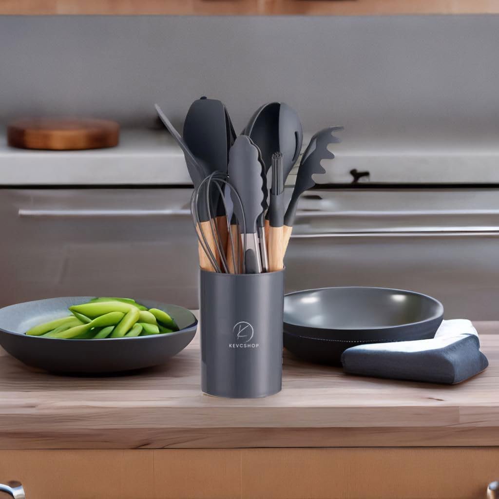 Deluxe 12-Piece Silicone Kitchen Utensils Set with Durable Cooking Tools - Heat Resistant Nonstick Cookware Essentials, Includes Spoon, Spatula, Ladle, and Utensil Set Holder (Dark Grey)