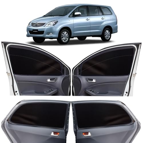 Image of OTO2EYE Car Sun Shade Compatible for Toyota Innova Model-2004-2012, Z-Black Super Magnetic Grip, Front Window Zipper, Side Window Curtains, 4 Pieces Set