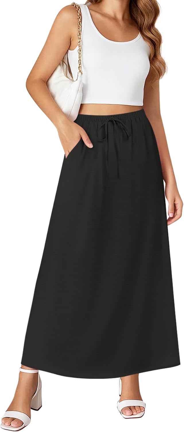 NILOUFO Womens Maxi Skirts High Waisted Adjustable Elastic Waist with Pockets Beach Flowy Casual Long Skirt