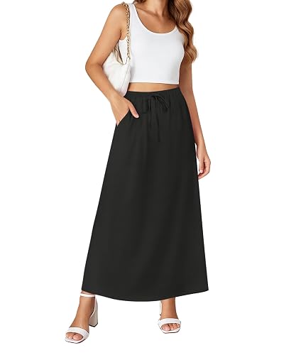 NILOUFO Maxi Skirts for Women High Waisted with Pockets Drawstring Black