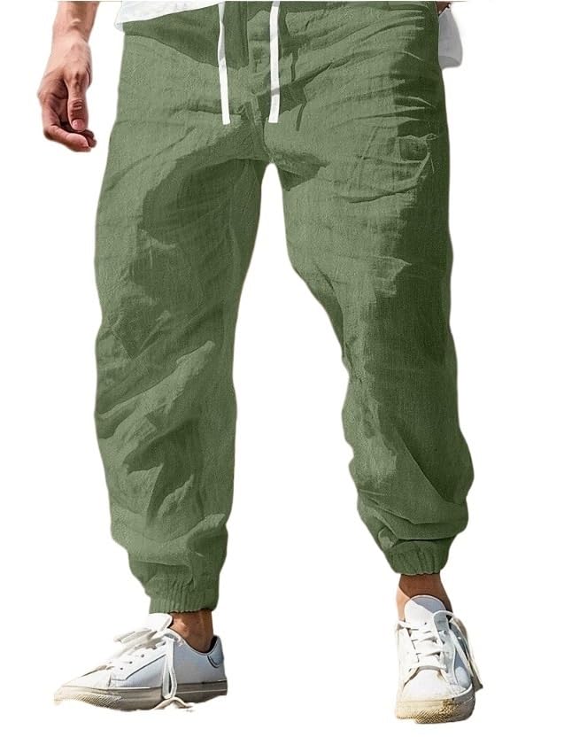 Men's Linen Trousers Summer Pants Elastic Waist High Waist Solid Color Comfortable Breathable Outdoor Leisure Vacation(Dark Green,M)