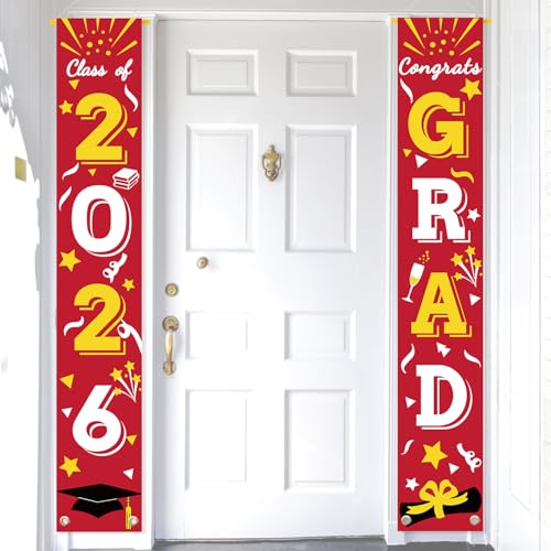 Image of Graduation Porch Banner Class Sign Congrats Grad Hanging Flags High School College University Party Decoration For Front Door Outdoor Red Gold