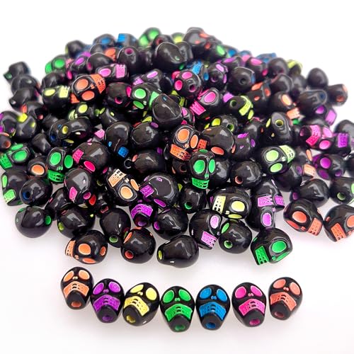 200+ Pieces 10x8mm Halloween Skull Beads for Jewelry Making Bracelets Necklaces Key Chains Black Acrylic Mixed Skeleton (Colorful on Black)