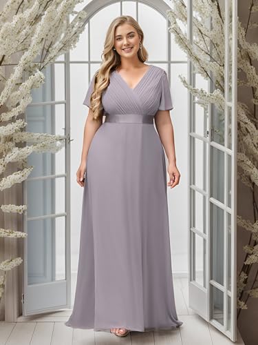 Image of Ever-Pretty Women's Chiffon Formal Evening Dresses for Curvy Women V-Neck Plus Size Floor Length Bridesmaid Dress