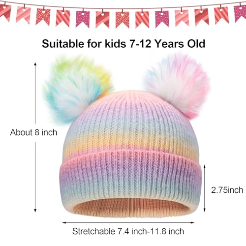 ACTLATI Kids Winter Knitted Beanie Hat Colorful Pompom Ears Ski Hat for Boy Girl(Ages 7-12)3
