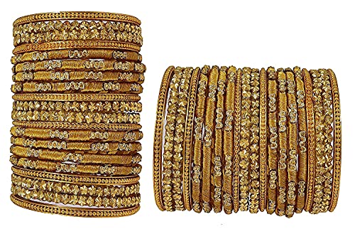 Image of NMII Glass and Silk Thread Zircon Gemstone Bangle Set For Women /Girls, Pack Of 40 Bangles (2.4 Inch, Golden)