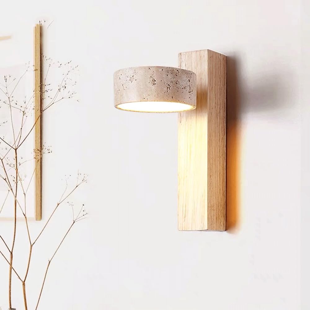 HUAYUSEDF 180° Rotating Bedside Reading Lamp Wooden Wall Mount Light Rectangle Wood Sconce Acrylic Shade, Adjustable Cylindrical Yellow Travertine Art, 9W, 3000K(Wood)