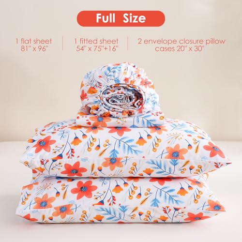 Image of JSD Boho Floral Printed Full Sheet Set 16 inch Deep Pocket | 4 Piece Soft Microfiber Sheets, Watercolor Pink Blue Flower Patterns, OEKO-TEX Certified, Easy Care