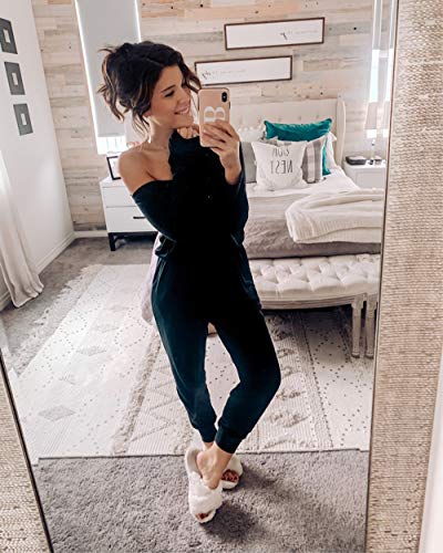 PRETTYGARDEN Women's Casual Long Sleeve Jumpsuit Crewneck One Off Shoulder Elastic Waist Stretchy Romper with Pockets