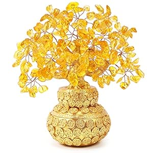17cm Chinesischer Geldbaum im Gelb + Gold Kürbis Design, Deko Glücksbaum | Edelstein-Baum