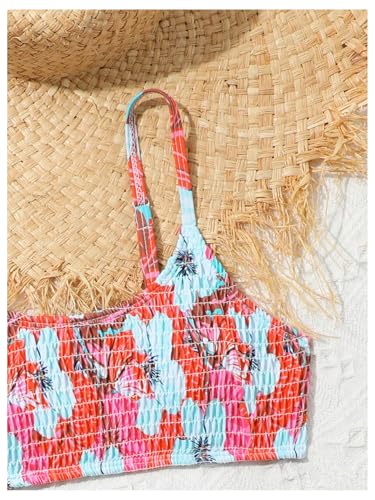 MakeMeChic Girl's Bikini Sets Floral Print Shirred Spaghetti Strap Backless Beach Swimsuit3