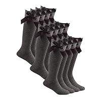 ShopMCR 6 Pack Girls Knee High Socks – Cotton Ribbon Bow Long School Socks, Perfect for Back to School, Uniform, Parties & Daily Wear (6P, GY, 12-3)