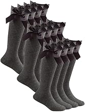 ShopMCR 6 Pairs Girls Knee High School Socks – Cotton Uniform Long Socks with Fluffy Ribbon Bows, Back to School Party Wear, White Grey Black Navy