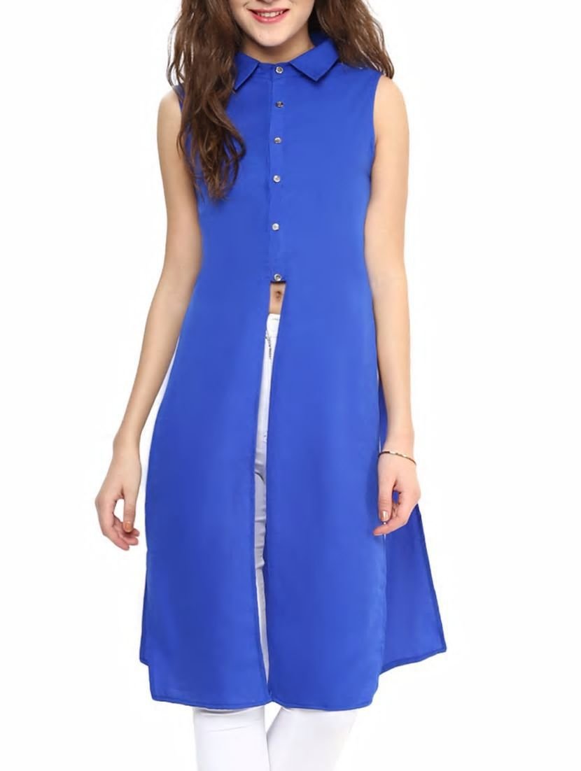 Ft Blue Crepe Designer Sleeveless Kurti