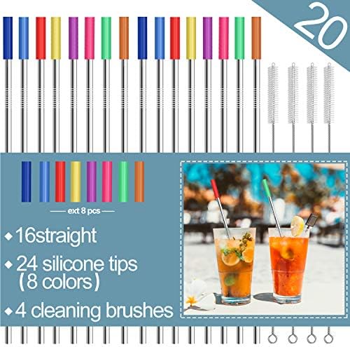 Stainless Steel Straws,Set of 16 10.5" Reusable Drinking Straws,Metal Drinking Straws with 24 Soft Silicone Tips for 20&30oz Tumblers Cups Mugs with 4 Cleaning Brushes (16 straight)