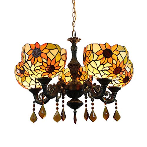 Lustre Tiffany tournesol 5 lampes en verre et fer forgé pour salon