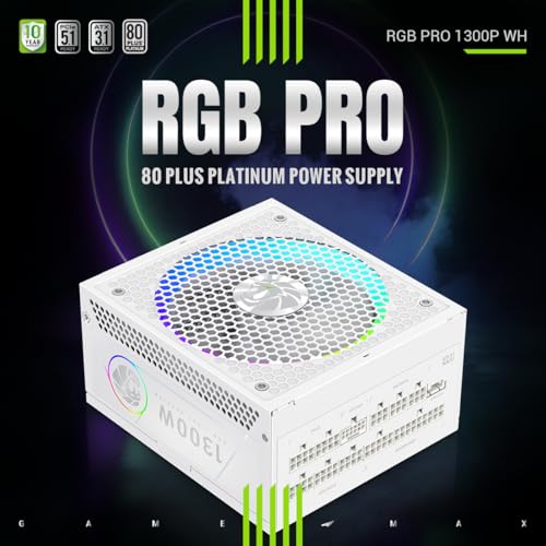 Image of GAMEMAX 1300W 80+ Platinum Fully Modular White Power Supply, ATX 3.1 Version with LLC + DC-DC Circuit, Full-Range 110-240V, ARGB 140mm Fan with Sync, 100% Japanese Capacitors (RGB PRO 1300P WH)