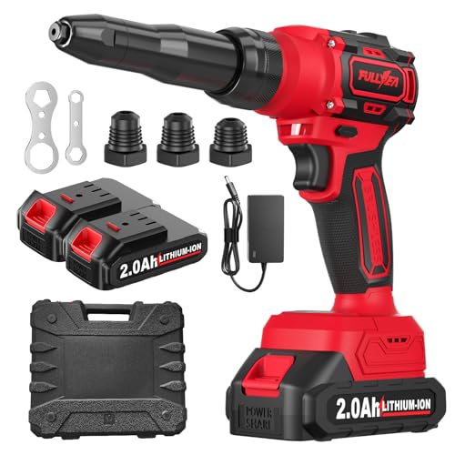 FULLYEA Electric Rivet Gun Cordless Rivet Gun with 2 Pack Batteries and Fast Charger Brushless Motor Rivet Gun Tool Led Light Automatic Power Rivet Gun Kit for 3 Size (1/8 5/32 3/16) Rivets