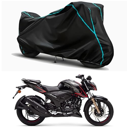 Image of Waterproof Bike Body Cover Compatible for | TVS Apache RTR 200 4V | Taffeta Fabric, Sky Piping Design, Bottom Elastic Fit | Dustproof, Sun UV & Rain Protection for All Weather.