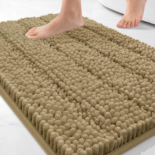 Image of Bcoimo Small Bath Rug Mat,24x17 Chenille Non Slip Tan Bathroom Shower Mats