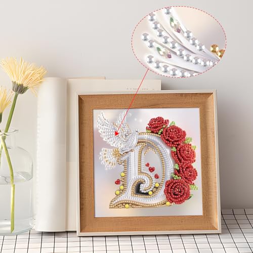 Image of AiYuanzsh 5D DIY Diamond Art Kits for Adults, Decorative Rose Dove Letter D Special Shape Diamond Painting, Floral Letter Diamond Art Crafts for Elegant Wall Display 17x17cm