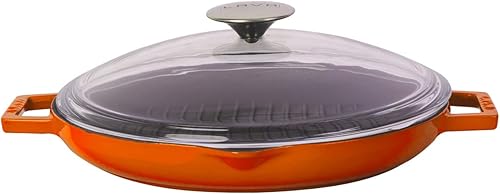 Miniatura 5 de Sartén de hierro fundido esmaltado de lava con boquillas de goteo laterales, redonda de 12 pulgadas, tres capas de sartén de hierro fundido