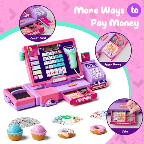 Image of Upgraded Kids Cash Register Toy for Boys Girls, Toddler Pretend Play Cashier Register with Shop Accessories, Calculator Cash Register with Scanner /Credit Card (Pink)
