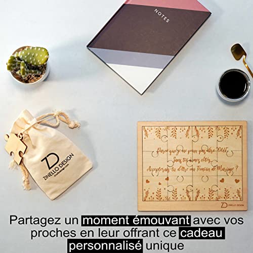 ZINELLO DESIGN - Puzzle aus Holz, Willst du mein Zeuge sein, originelle und personalisierte Geschenkidee, um Ihre Anfrage für Ihre Hochzeit zu machen, außergewöhnliche Ankündigung EVJF (mit Rahmen)