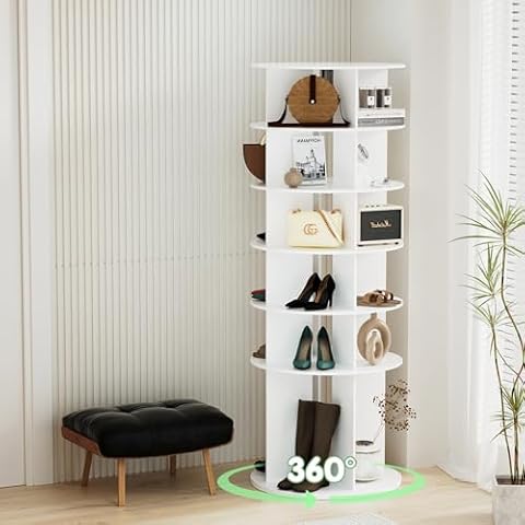 Furnhome Rotating Shoe Rack Tower 360, Space-Saving Spinning Shoe Rack | Revolving Shoe Rack | Multi-Functional Round Shoe Rack for Shoes, Handbags, Hats, and Accessories(6 Tier-White) Cover