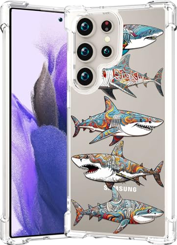 CCFUNCASE Bonita funda transparente para S24 Ultra para mujer – Funda protectora resistente para Samsung Galaxy S24 Ultra (tiburón tatuaje pez patrón estilizado animal)