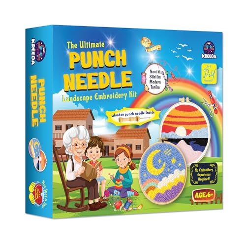 Image of KREEDA Punch Needle Embroidery Kit, DIY Creative Activity, Landscape Embroidery DIY Set, With Wooden Hoop Monk Clothes and Woolen Yarns. Gifts for Girls & Boys Ages 6, 7, 8, 9, 10, 11, 12 (Punch Needle Landscape)