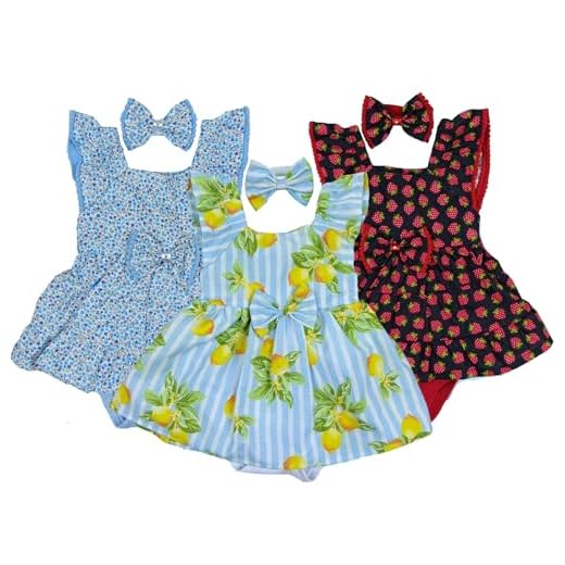 Kit 3 Body Vestido Infantil Menina, Estampado, Verão, 0-1 Ano (Limão-Flores azul-Morango)