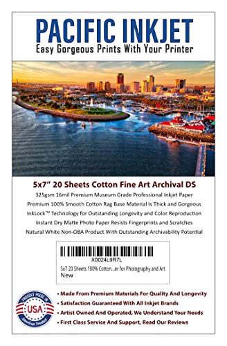 (5-x-7) 20 Sheets 100% Cotton Fine Art Matte Double Sided Inkjet Paper - 16mil 325gsm See Description for Compatibility Info Before Purchase - OBA Free Archival Grade Inkjet Media