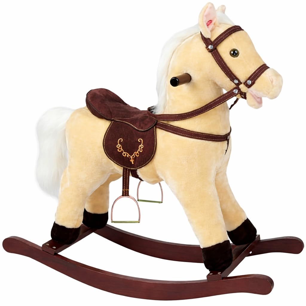 Cavallo a Dondolo per Bambini in Peluche con Suoni, Morbido e Interattivo con Struttura in Legno Sella e Staffe Giocattolo Sicuro per Divertimento e Relax Idea Regalo 74x30x70 cm.