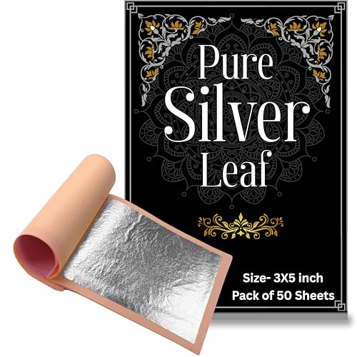 Edible Silver Leaf Sheets 50 Pack 99.99% Pure Food Grade Silver Varak (Waraq) 3 x 5 Inch Transfer Leaves for Cake Decorating Indian Sweets Mithai Chocolates & Dessert Garnish