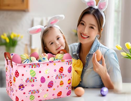 Image of Large Rectangular Easter Baskets Empty Waterproof Boy Toy Box Foldable Kid's Gifts Storage Bin Spring Room Decor(HAPPY Pink Rabbit Egg)