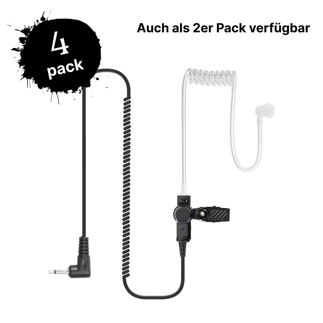 Ohrhörer (4er-Pack) Schallschlauch mit 3,5mm Klinke - transparent inkl. Halteclip und 10 (x4) Ohrstöpsel - Kopfhörer Headset für Funkgeräte