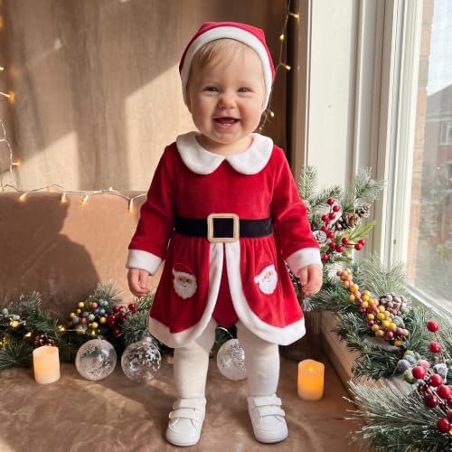 Baby Girls 0-18M Christmas Velvet Dress Romper Santa Hat Set Xmas Outfit (Santa Red, 9-12 Months)