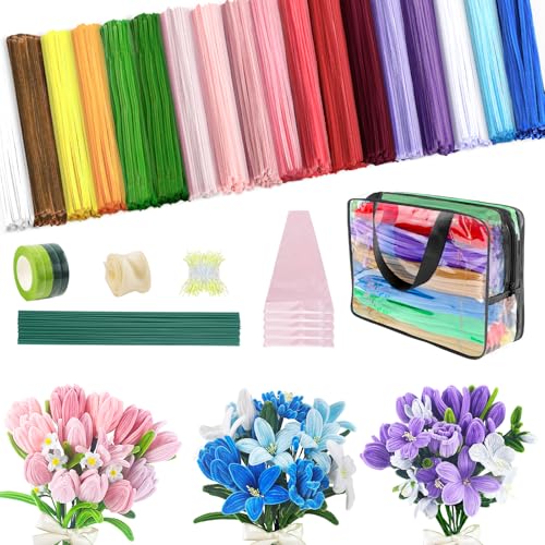 GENHH 1000 Stück Pfeifenputzer Pfeifenreiniger Blumen Bastelset 18 Farben Pipe Cleaner Basteln Chenilledraht mit Aufbewahrungspackung für DIY-Blumensträuße Blumenstrauß Kreativset Handwerk Dekorieren