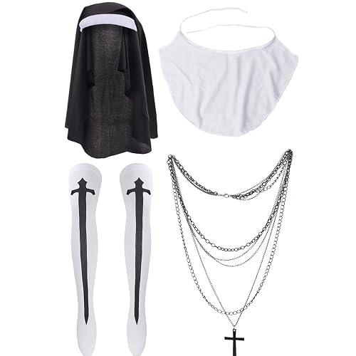 Yewong Nun Costume Accessory Set with Catholic Nun Costume Hat, Nun Collar, Cross Pendent Necklace, Cross Print Stockings - Set-a