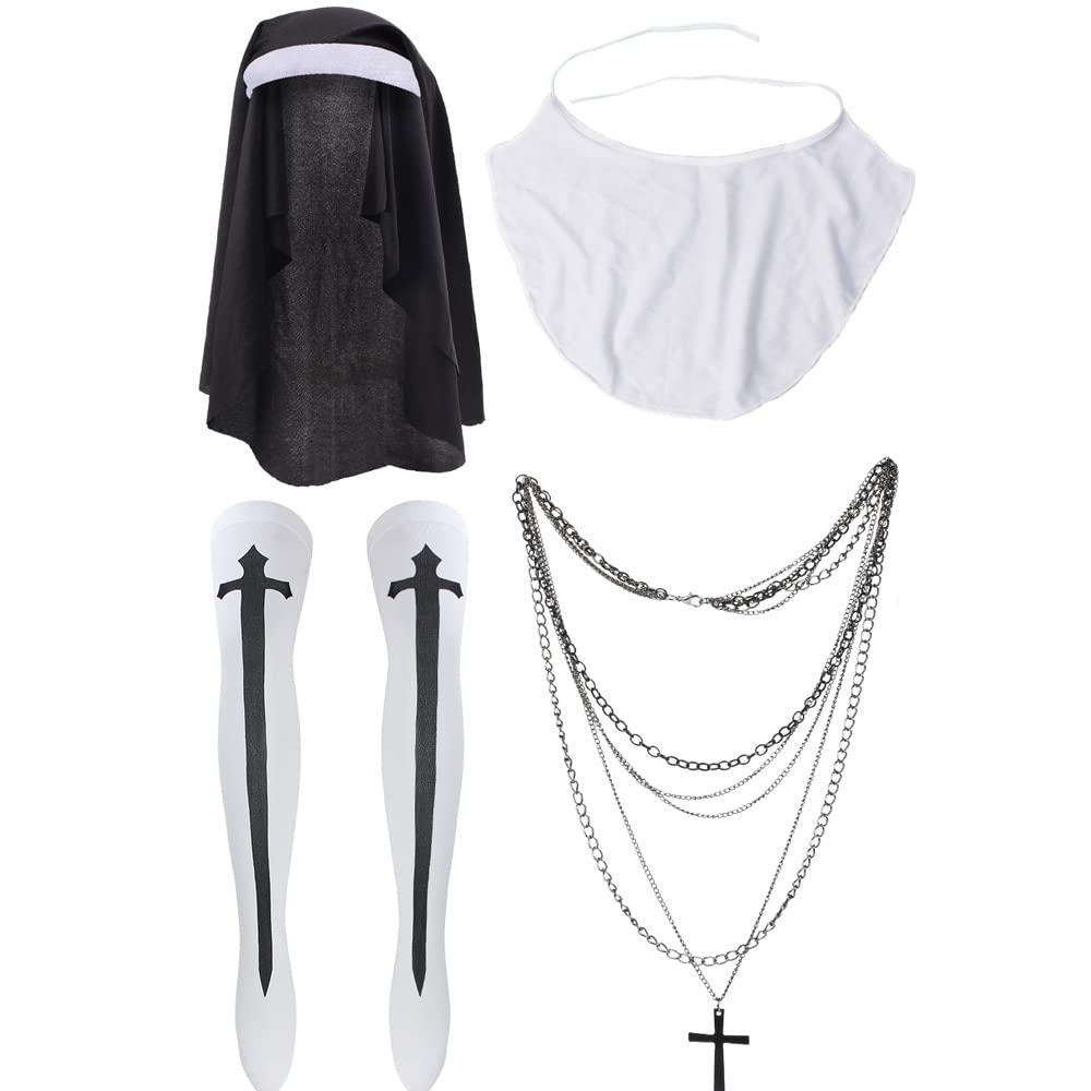 Yewong Nun Costume Accessory Set with Catholic Nun Costume Hat, Nun Collar, Cross Pendent Necklace, Cross Print Stockings: Set-a