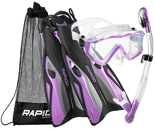 Phantom Aquatics Rapido Boutique Collection Clareza Three Window Tempered Glass Lens Mask Fin Snorkel Set with Snorkeling Gear Carry Bag, PR-LG, Lilac, ml/XL, 9-11 / EU: 41-45 (RPDCMFS-PR-LG_1)