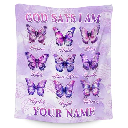 Custom Butterfly Blanket, Cozy Soft Throw Gifts for Teens Girls, 50x60 Inch Cute Flannel Blanket for Butterfly Lovers, God Says I Am Throw Blankets for Bed Travel
