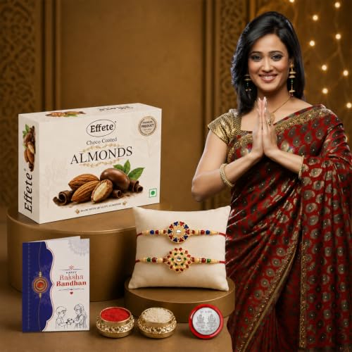 Image of DeoDap Chocolate with Rakhi Set for Brother - Golden & Siler Color Multi Design Rakhi set of 2 with Choco Coated Butterscotch (32 GM), Silver Color Coin & Greeting Card, Raksha Bandhan Combo for Bhai