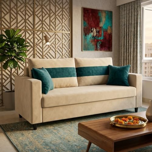 Image of FURNY Luxury Conva 2 Seater Sofa Set for Living Room |Soft Suede Fabric Upholstered | Modern Cushioned Comfortable Couch for Home Office & Drawing Room | Cream