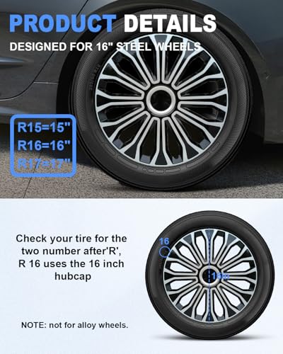 Image of ABX Hubcaps,16 inch hubcaps Set of 4, Wheel Rim Cover ABS Material, Snap On Car Truck SUV Replacement, for Toyota Camry Nissan Mazda etc, Black&Silver
