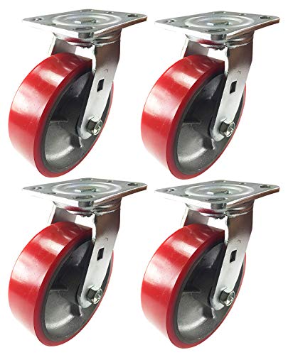 4 Heavy Duty Caster Set 4 5 6 Polyurethane on Cast Iron Wheels No Mark Red (6 : 4 Swiwel)